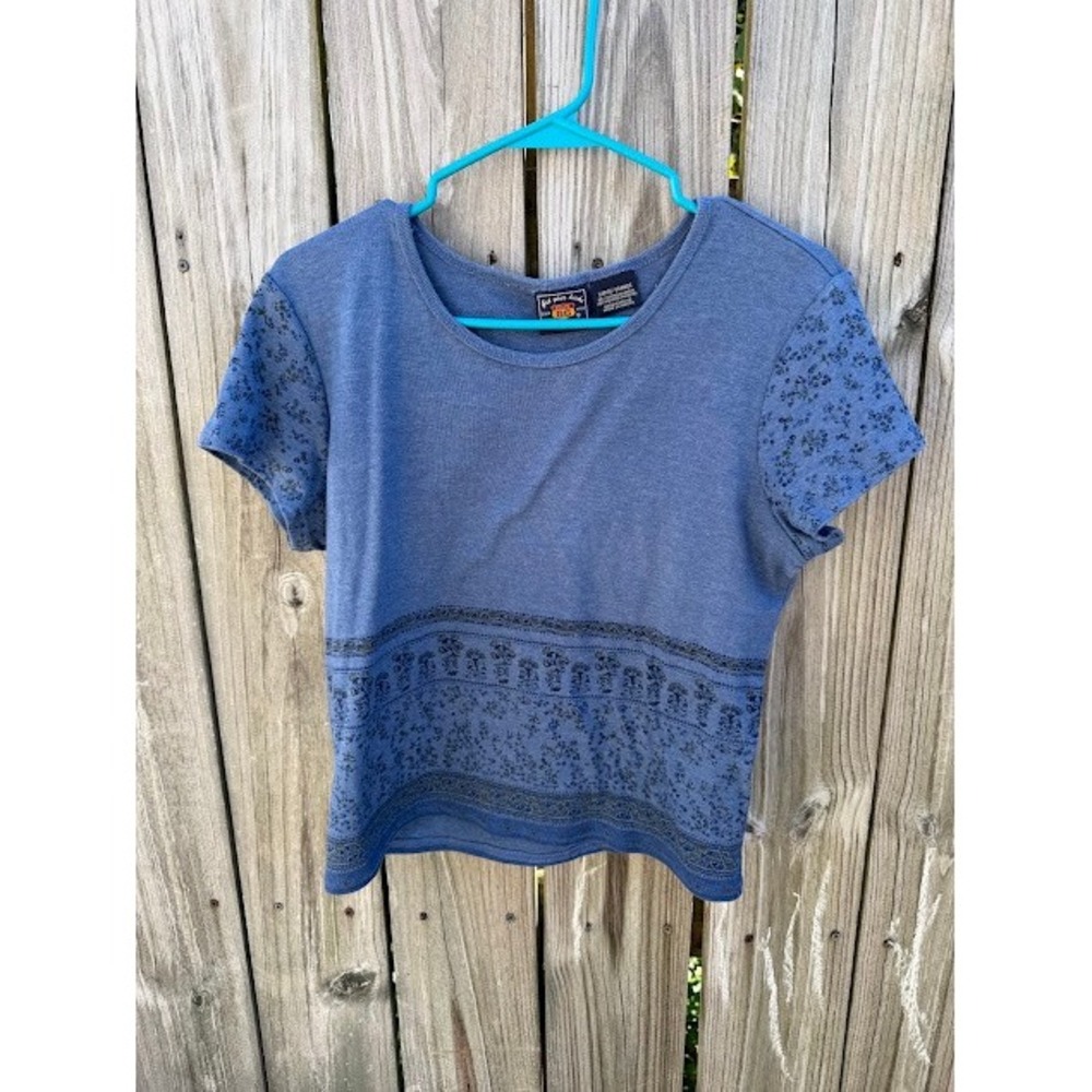 Boho Cottagecore Vintage Faded Glory Top Large Blue Floral Block Print Tee